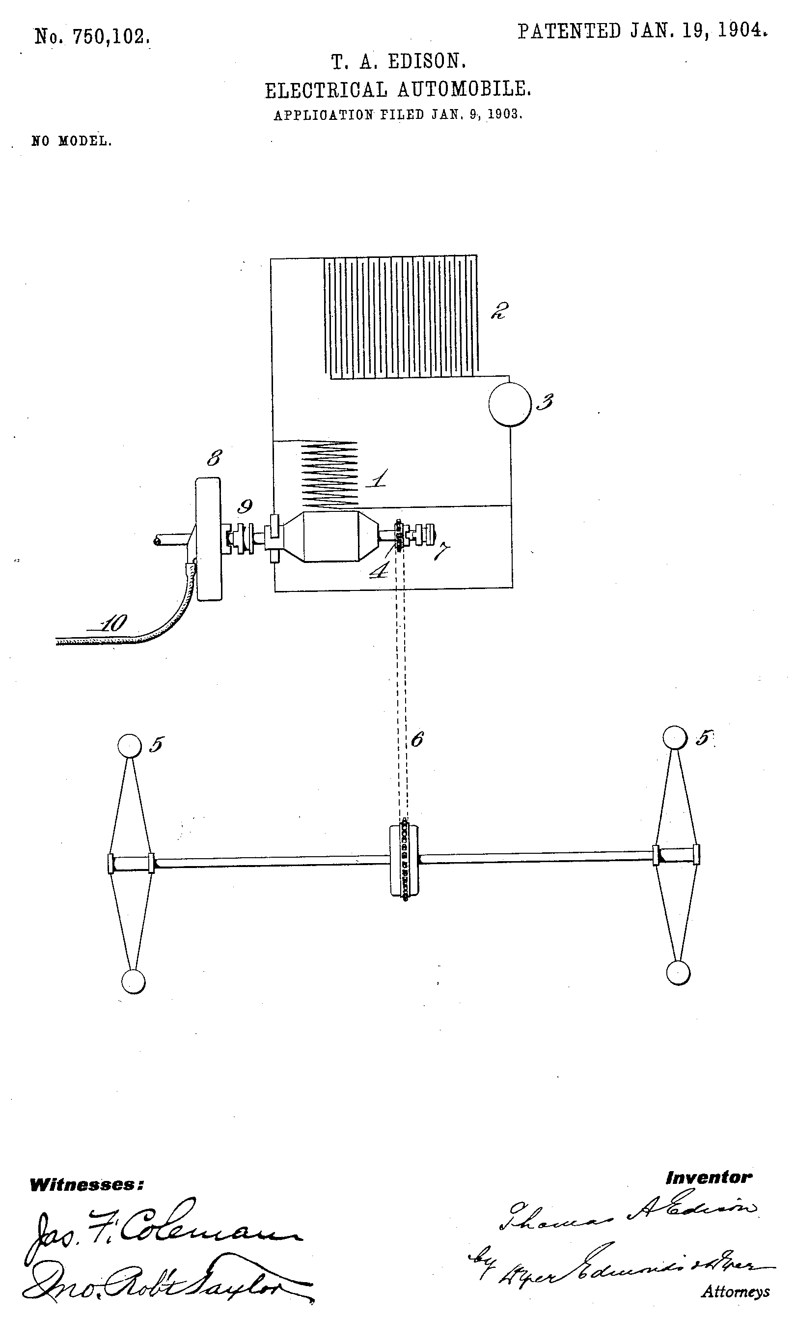 Drawing from Thomas Edison's U.S. Patent No. 750,102 for an electrical automobile.